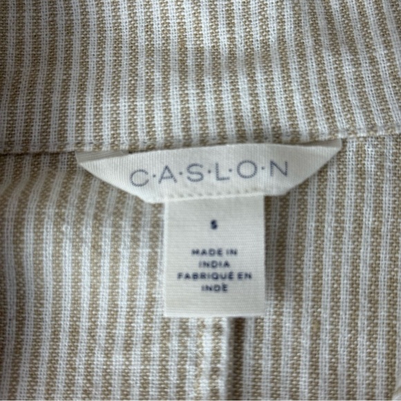 NWT Caslon Stripe Long Sleeve Linen Blend Romper Tan Safari - White Leah Stripe - Picture 10 of 12